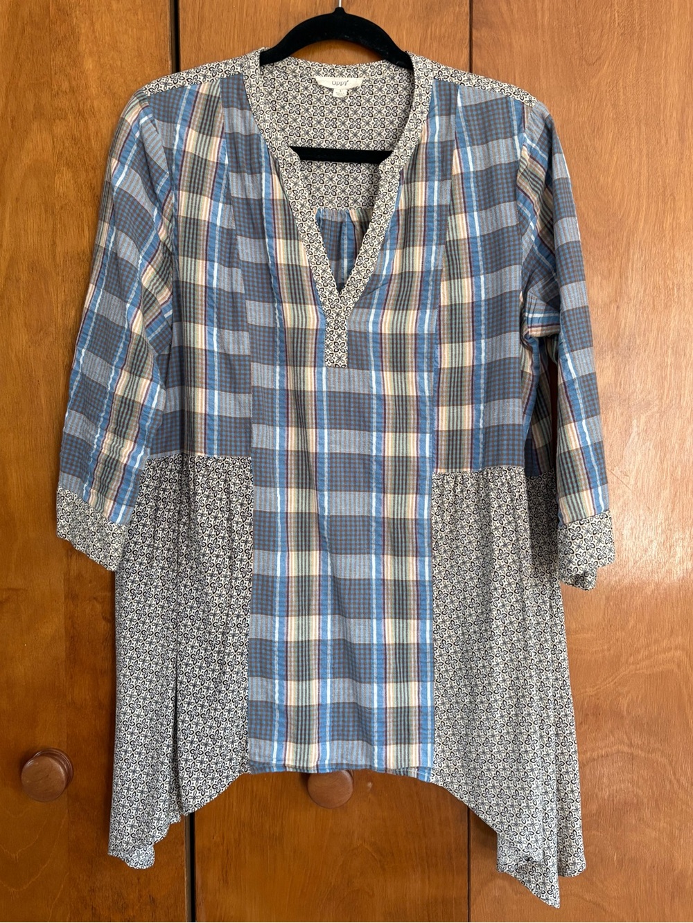 ODDY Plaid Tunic Blue & White with Contrasting Side Panels Light Airy Large
